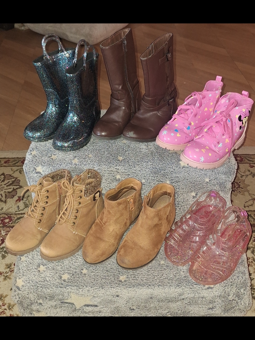 Lot of 6 - Pairs of Shoes Girls Size 10  Rain Boots Ankle Boots Used Good